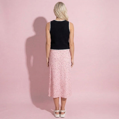 Anna-Kaci Sleeveless Knit Button Front Top with Contrast Trim Detail