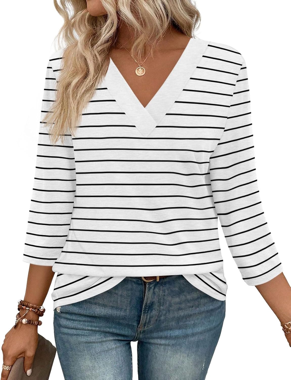 ✨Women's Trendy V Neck 3/4 Long Sleeve Tops Loose Fit Blouse