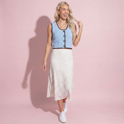 Anna-Kaci Sleeveless Knit Button Front Top with Contrast Trim Detail