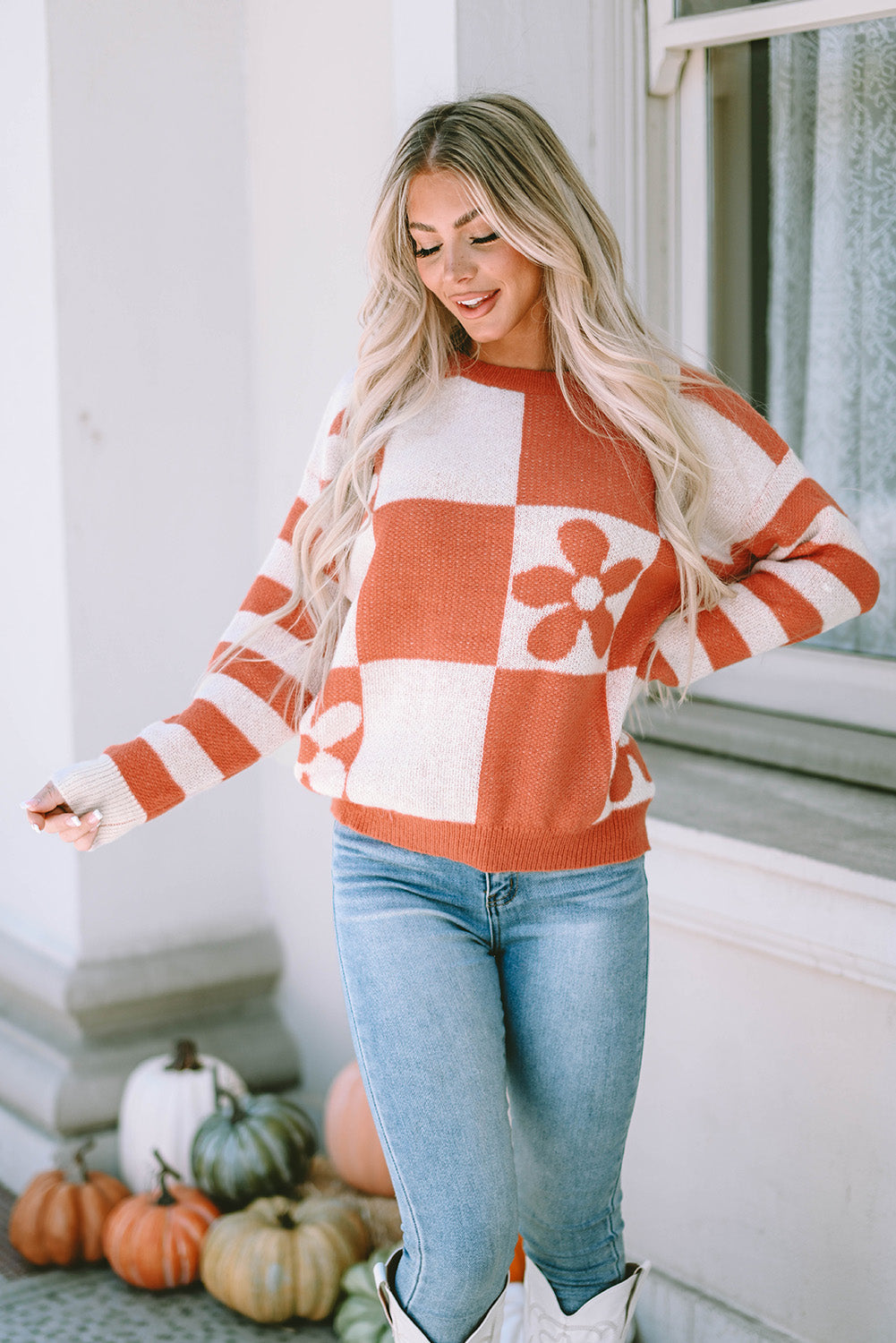 Threaded Pear Miller Checkered Floral Striped Sleeve Sweater