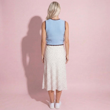 Anna-Kaci Sleeveless Knit Button Front Top with Contrast Trim Detail