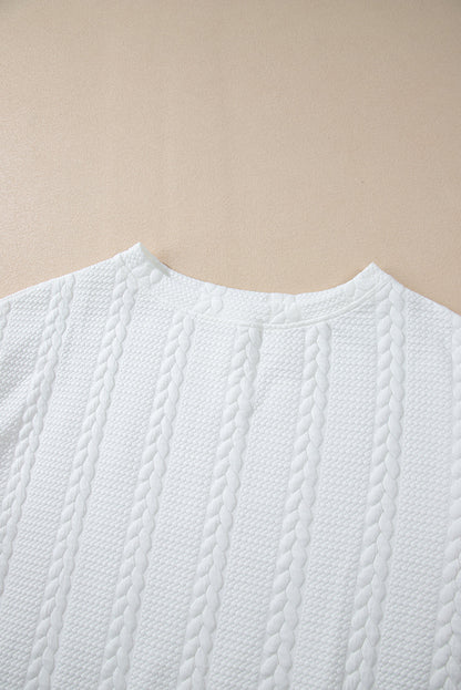 Threaded Pear White Cable Textured Loose Plus Size Sweatshirt