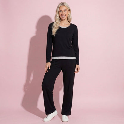 Anna-Kaci Women's 2-Piece Set Soft Knit Long Sleeve Top and Relaxed Fit Lounge Pants
