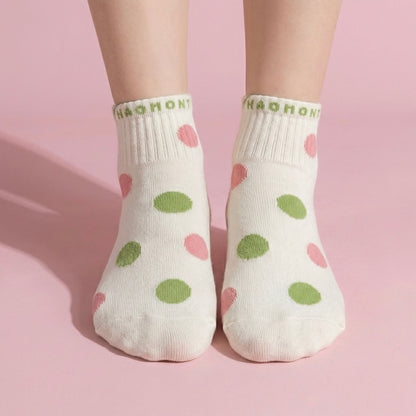 Anna-Kaci 5 Pairs Women's Low Cut Ankle Socks with Polka Dot and Stripe Patterns Soft Cotton Anti-Pilling Casual Everyday Style