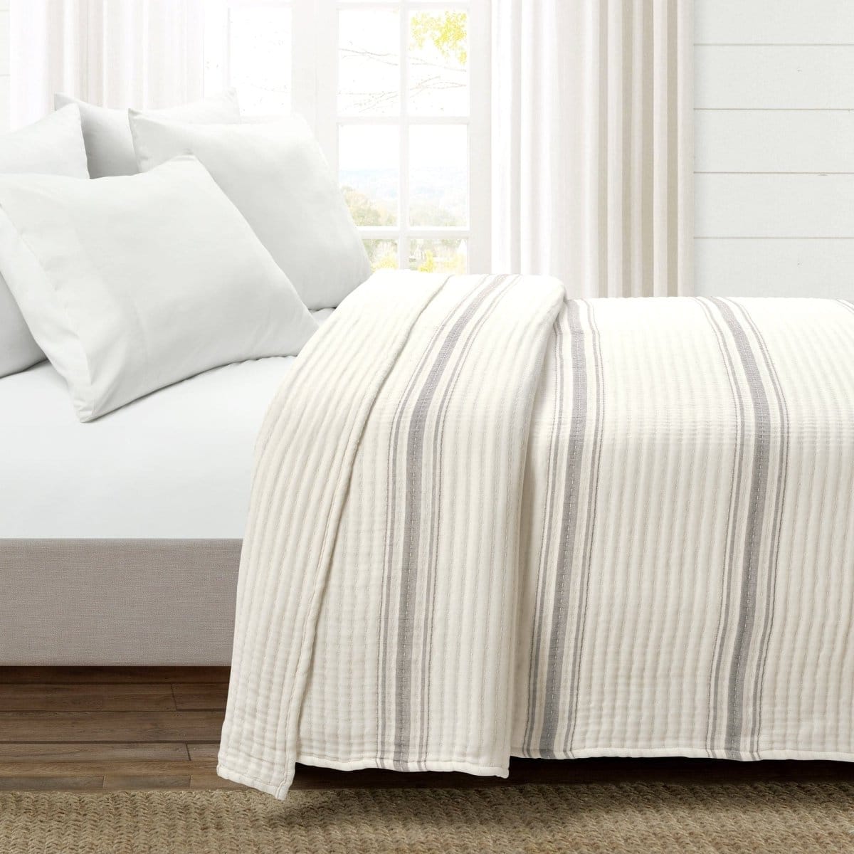 Farmhouse Stripe Kantha Pick Stitch Yarn Dyed Cotton Woven Blanket/Quilt/Coverlet