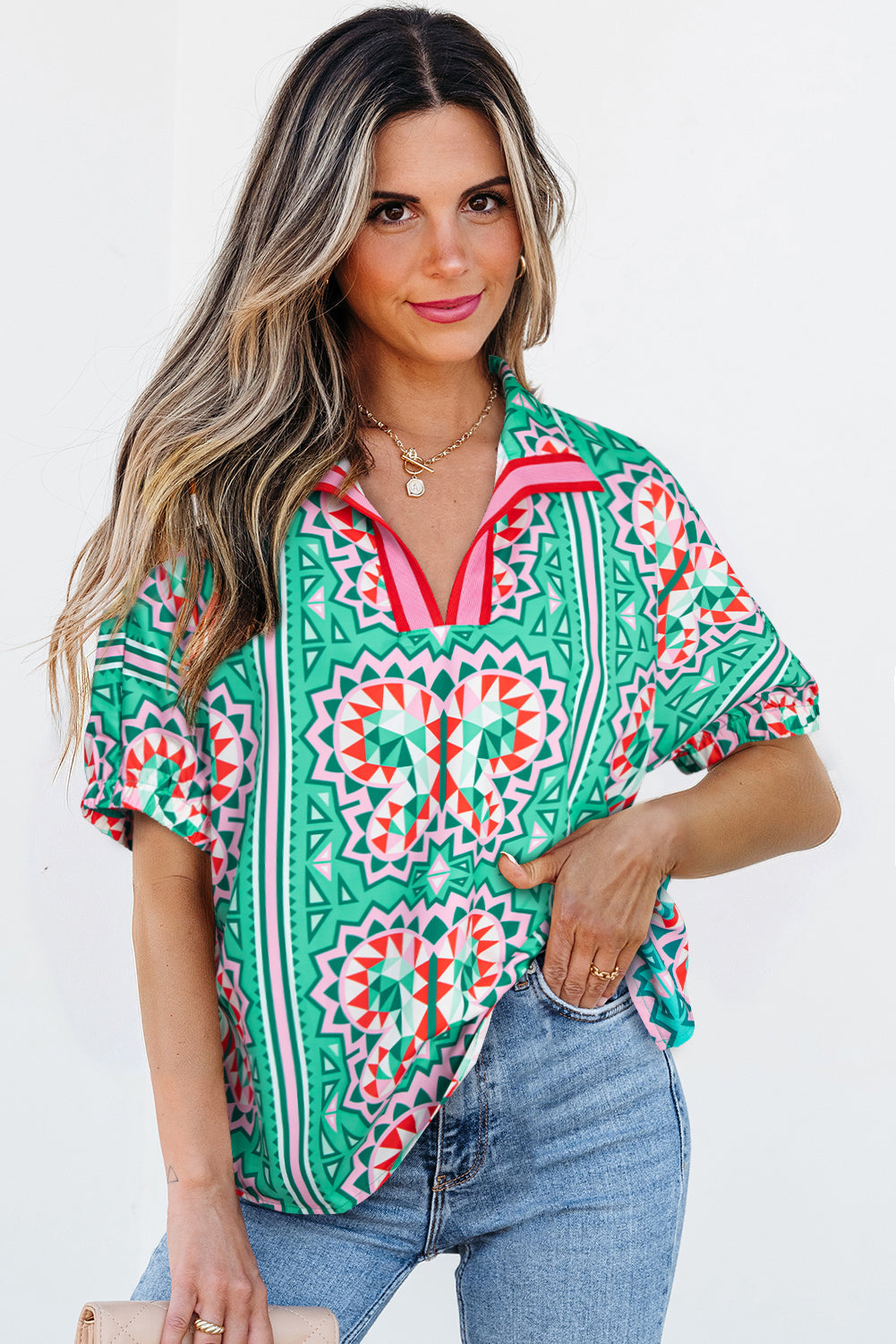 Threaded Pear Kamiyah Boho Abstract Striped Collared V Neck Blouse