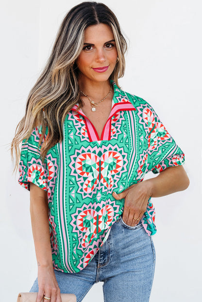 Threaded Pear Kamiyah Boho Abstract Striped Collared V Neck Blouse