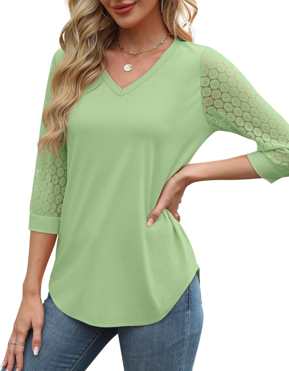 Womens 3/4 Length Sleeve V-Neck Lace Tunic Tops Business Casual Blouses