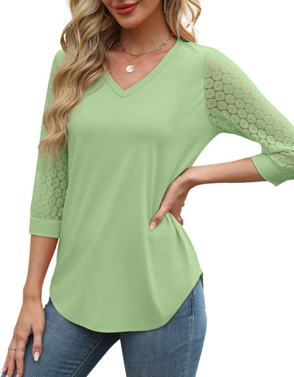 Womens 3/4 Length Sleeve V-Neck Lace Tunic Tops Business Casual Blouses