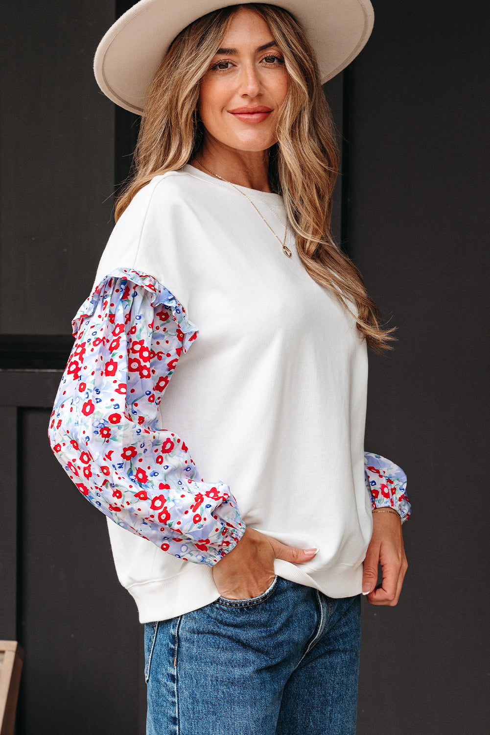 Threaded Pear Isabel Floral Ruffled Balloon Sleeve Loose Blouse