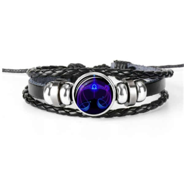 12 Zodiac Constellation Luminous Bracelet | Handmade Braided Leather Astrology Bracelet | Glow-in-the-Dark Birthday Gift for Men, Women & Kids