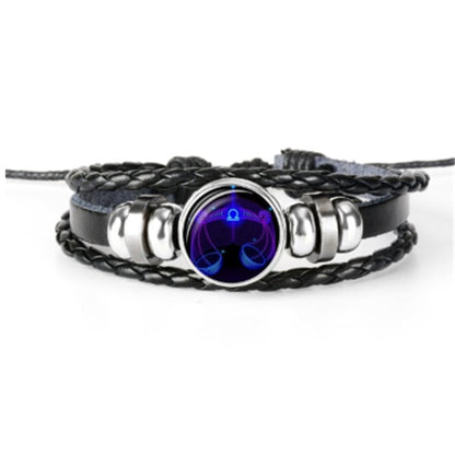 12 Zodiac Constellation Luminous Bracelet | Handmade Braided Leather Astrology Bracelet | Glow-in-the-Dark Birthday Gift for Men, Women & Kids
