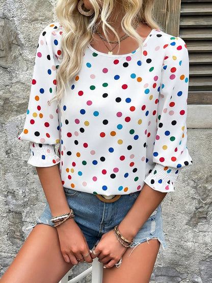 ✨Women's casual round neck pleated cuffs short sleeve top