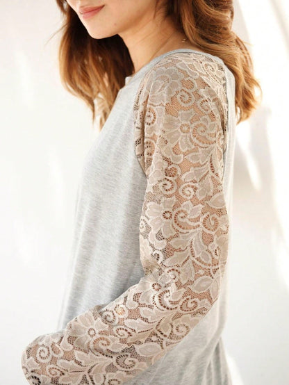 Gold Red Lace Hollow Eyelet Rayon Soft Long  Sleeve Raglan Tunic Top Band Hem Shirt