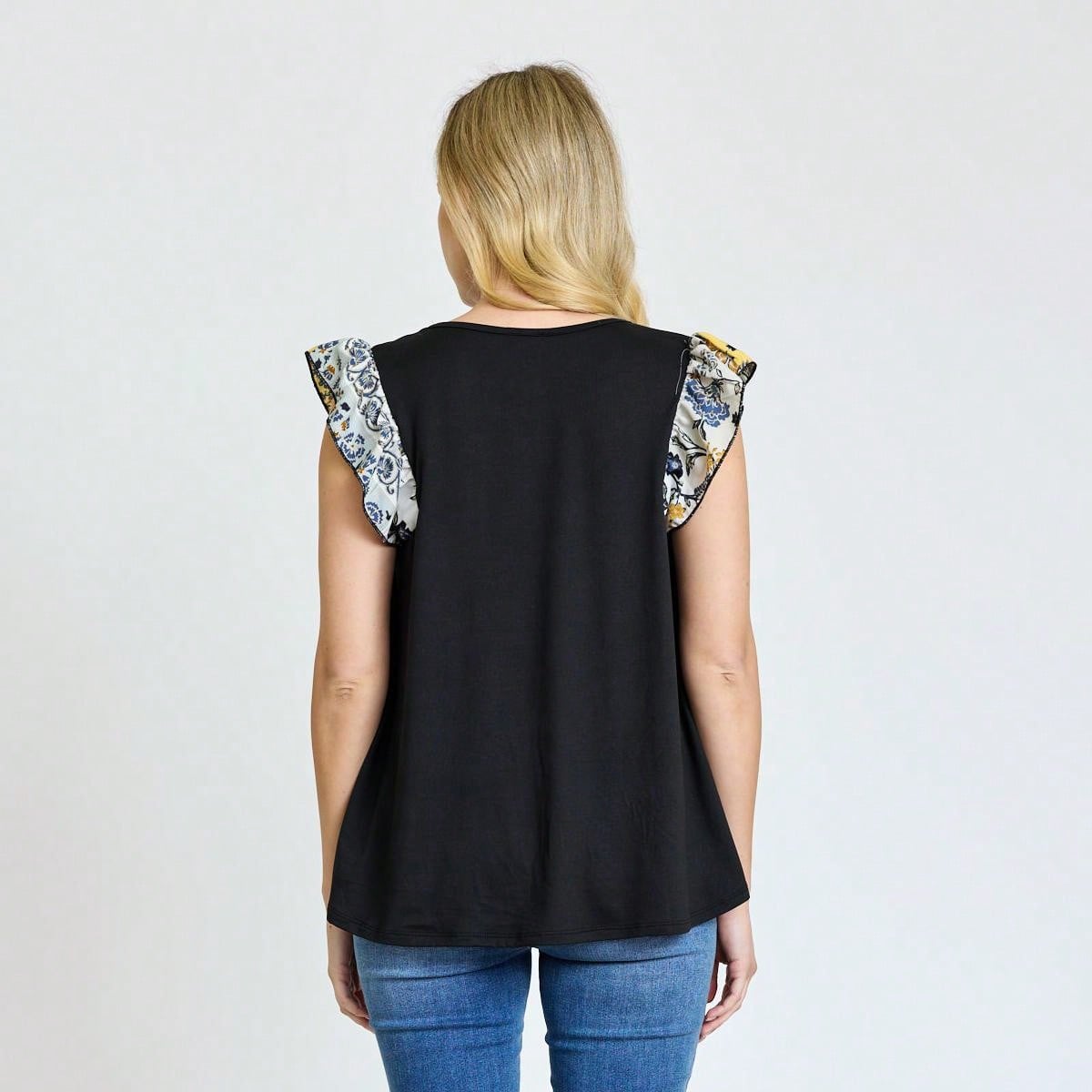 Contrast Ruffle Trim Floral  Flutter Cap Sleeve Top For Leggings Shorts And Jeans  | 7 Colors | S-3X
