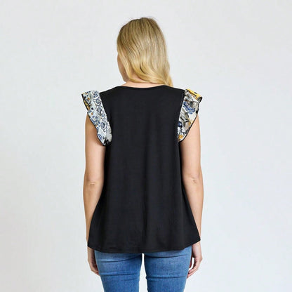 Contrast Ruffle Trim Floral  Flutter Cap Sleeve Top For Leggings Shorts And Jeans  | 7 Colors | S-3X