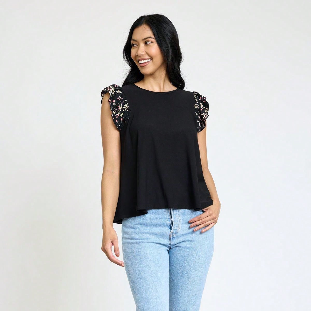 Contrast Ruffle Trim Floral  Flutter Cap Sleeve Top For Leggings Shorts And Jeans  | 7 Colors | S-3X