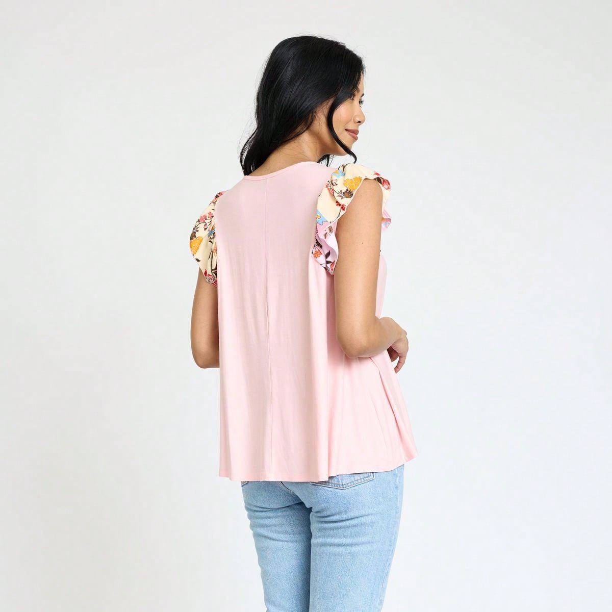 Contrast Ruffle Trim Floral  Flutter Cap Sleeve Top For Leggings Shorts And Jeans  | 7 Colors | S-3X