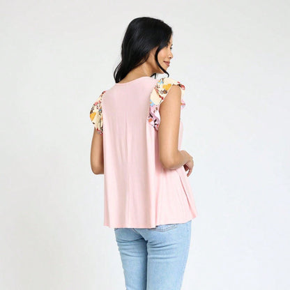 Contrast Ruffle Trim Floral  Flutter Cap Sleeve Top For Leggings Shorts And Jeans  | 7 Colors | S-3X