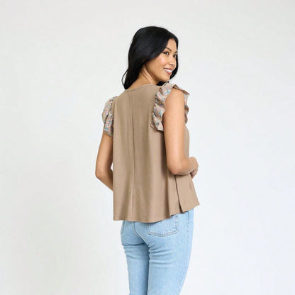 Contrast Ruffle Trim Floral  Flutter Cap Sleeve Top For Leggings Shorts And Jeans  | 7 Colors | S-3X