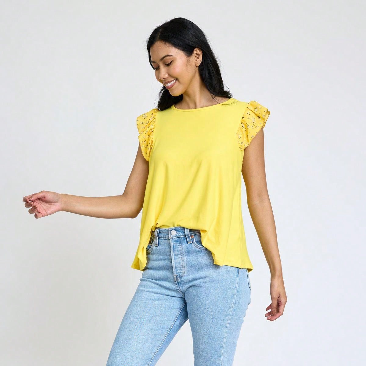 Contrast Ruffle Trim Floral  Flutter Cap Sleeve Top For Leggings Shorts And Jeans  | 7 Colors | S-3X