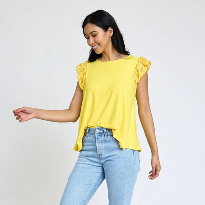 Contrast Ruffle Trim Floral  Flutter Cap Sleeve Top For Leggings Shorts And Jeans  | 7 Colors | S-3X