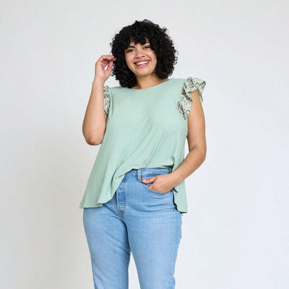 Contrast Ruffle Trim Floral  Flutter Cap Sleeve Top For Leggings Shorts And Jeans  | 7 Colors | S-3X