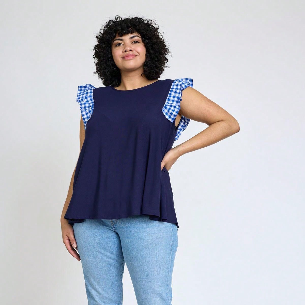 Contrast Ruffle Trim Floral  Flutter Cap Sleeve Top For Leggings Shorts And Jeans  | 7 Colors | S-3X