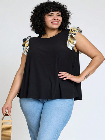 Contrast Ruffle Trim Floral  Flutter Cap Sleeve Top For Leggings Shorts And Jeans  | 7 Colors | S-3X