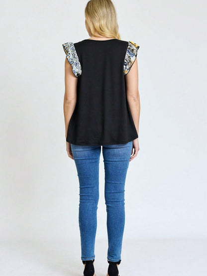 Contrast Ruffle Trim Floral  Flutter Cap Sleeve Top For Leggings Shorts And Jeans  | 7 Colors | S-3X