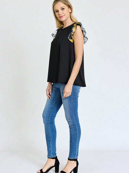 Contrast Ruffle Trim Floral  Flutter Cap Sleeve Top For Leggings Shorts And Jeans  | 7 Colors | S-3X