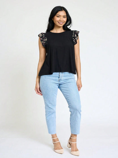 Contrast Ruffle Trim Floral  Flutter Cap Sleeve Top For Leggings Shorts And Jeans  | 7 Colors | S-3X