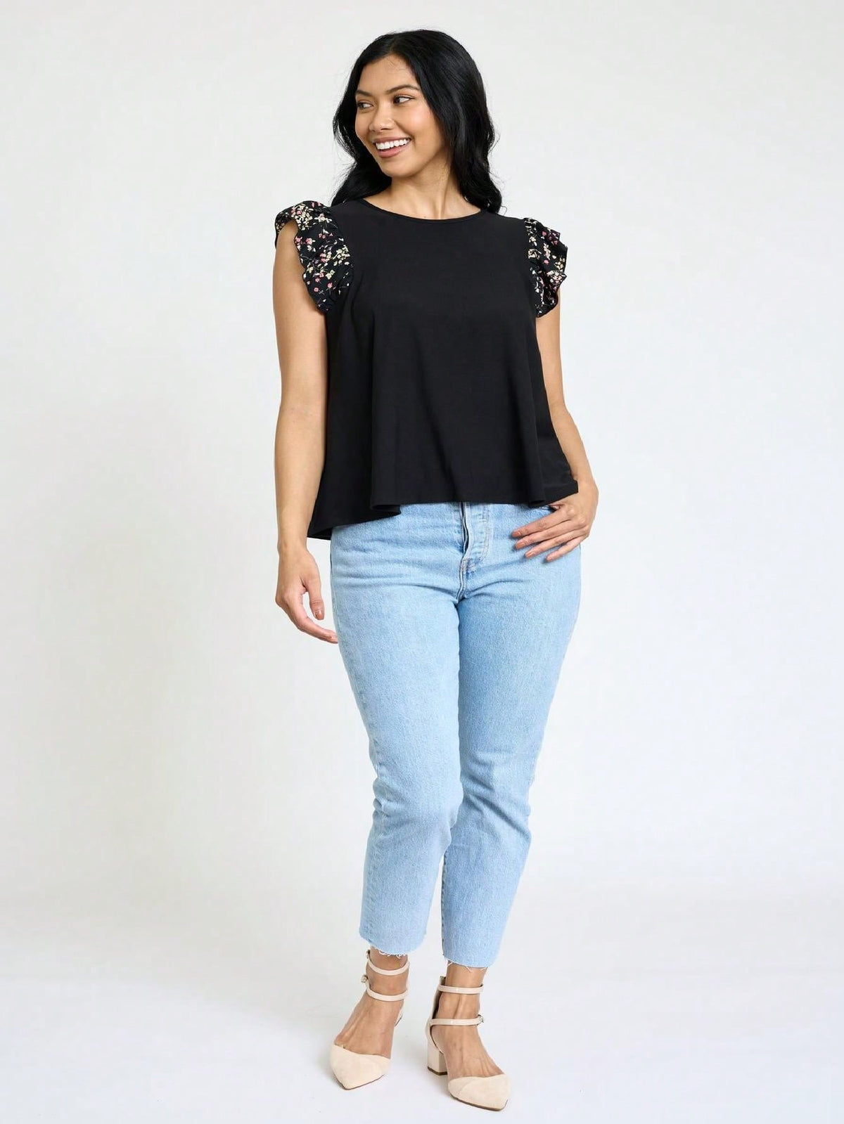 Contrast Ruffle Trim Floral  Flutter Cap Sleeve Top For Leggings Shorts And Jeans  | 7 Colors | S-3X