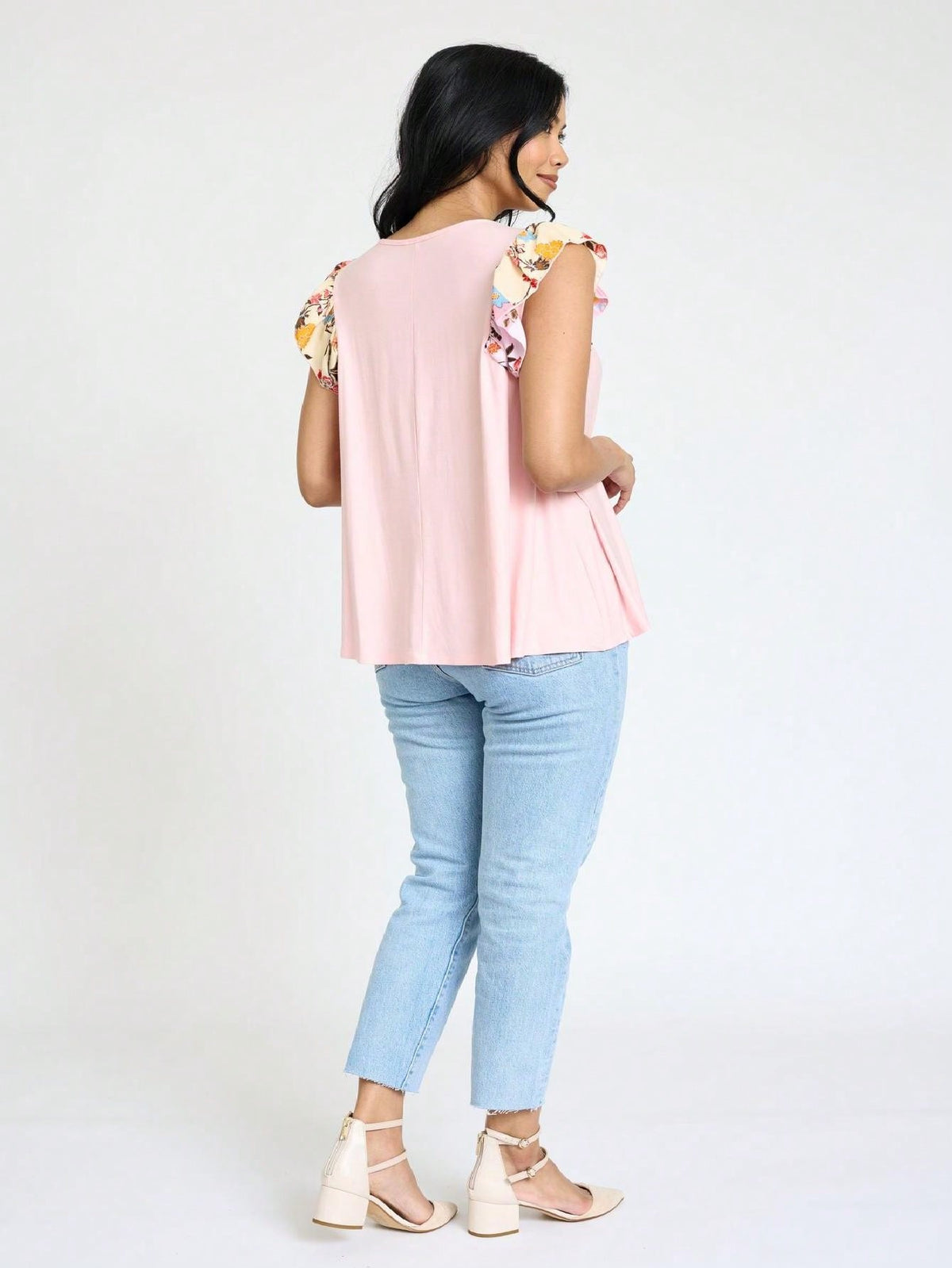 Contrast Ruffle Trim Floral  Flutter Cap Sleeve Top For Leggings Shorts And Jeans  | 7 Colors | S-3X