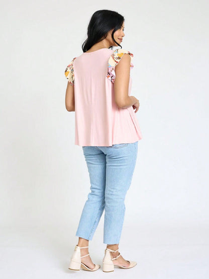 Contrast Ruffle Trim Floral  Flutter Cap Sleeve Top For Leggings Shorts And Jeans  | 7 Colors | S-3X