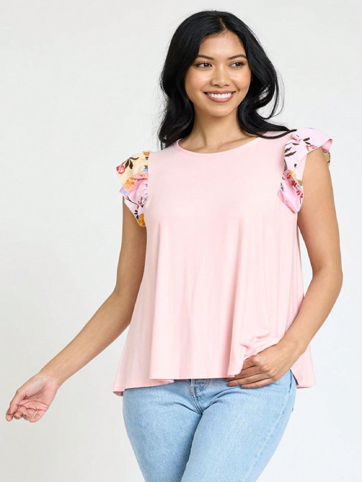 Contrast Ruffle Trim Floral  Flutter Cap Sleeve Top For Leggings Shorts And Jeans  | 7 Colors | S-3X