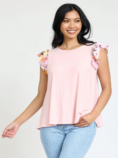 Contrast Ruffle Trim Floral  Flutter Cap Sleeve Top For Leggings Shorts And Jeans  | 7 Colors | S-3X