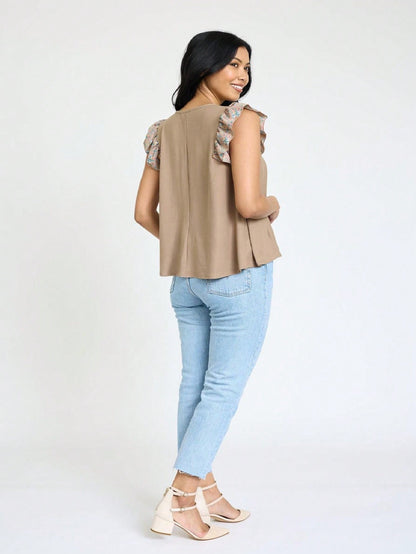 Contrast Ruffle Trim Floral  Flutter Cap Sleeve Top For Leggings Shorts And Jeans  | 7 Colors | S-3X