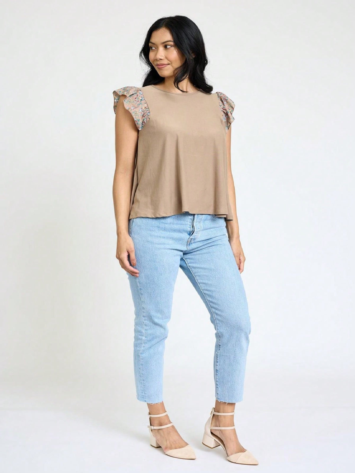 Contrast Ruffle Trim Floral  Flutter Cap Sleeve Top For Leggings Shorts And Jeans  | 7 Colors | S-3X