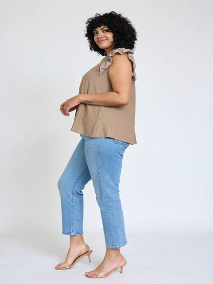 Contrast Ruffle Trim Floral  Flutter Cap Sleeve Top For Leggings Shorts And Jeans  | 7 Colors | S-3X