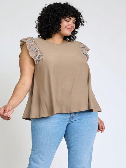 Contrast Ruffle Trim Floral  Flutter Cap Sleeve Top For Leggings Shorts And Jeans  | 7 Colors | S-3X
