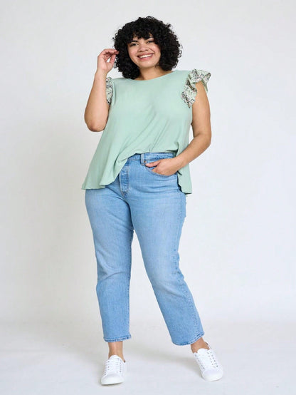 Contrast Ruffle Trim Floral  Flutter Cap Sleeve Top For Leggings Shorts And Jeans  | 7 Colors | S-3X
