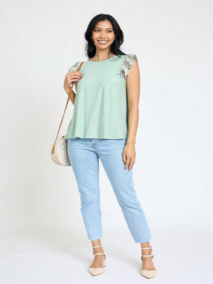 Contrast Ruffle Trim Floral  Flutter Cap Sleeve Top For Leggings Shorts And Jeans  | 7 Colors | S-3X