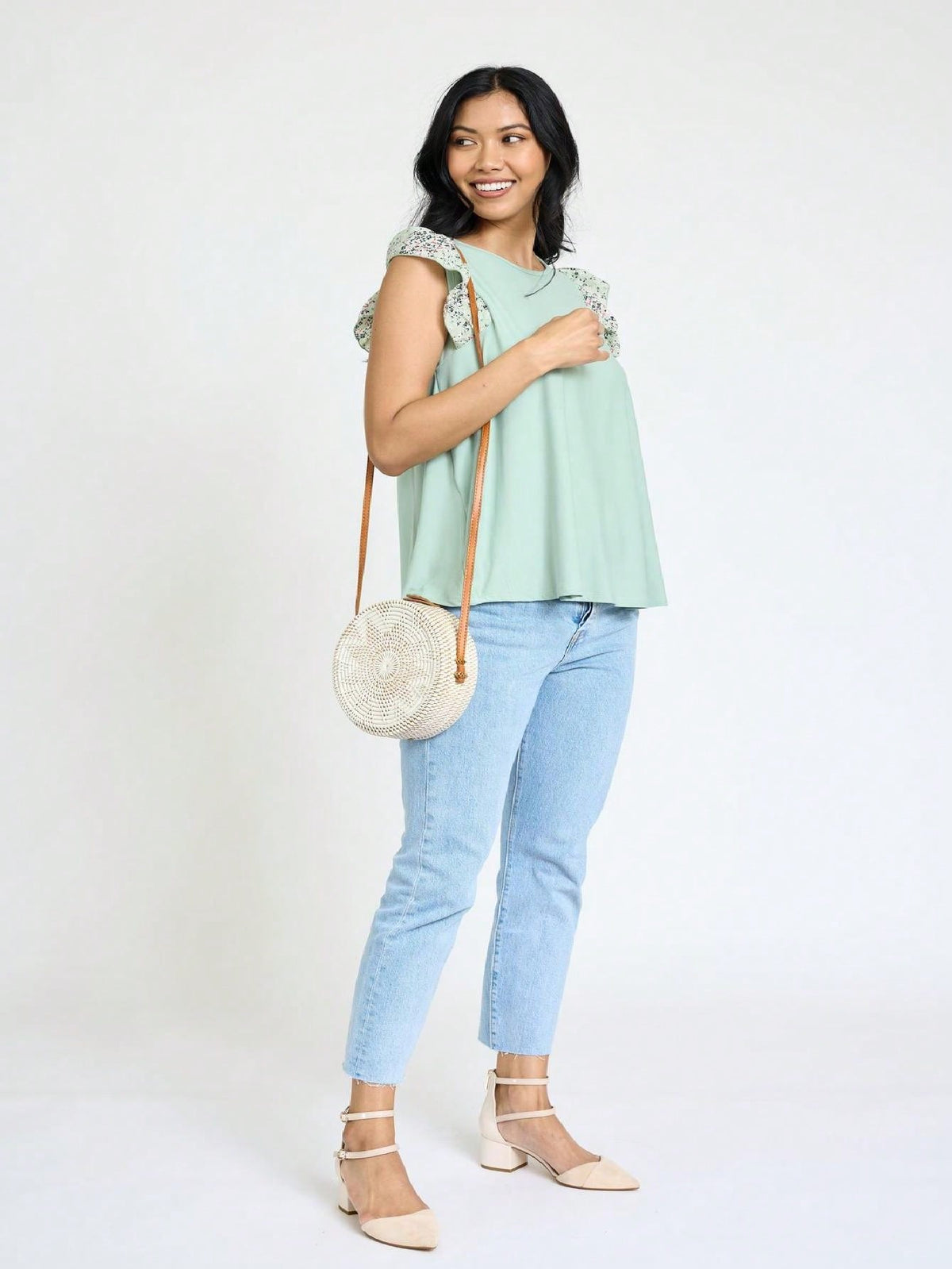 Contrast Ruffle Trim Floral  Flutter Cap Sleeve Top For Leggings Shorts And Jeans  | 7 Colors | S-3X