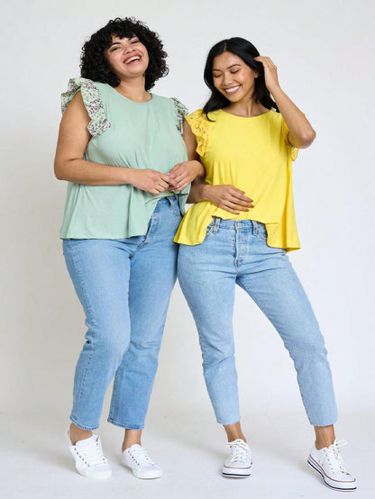 Contrast Ruffle Trim Floral  Flutter Cap Sleeve Top For Leggings Shorts And Jeans  | 7 Colors | S-3X