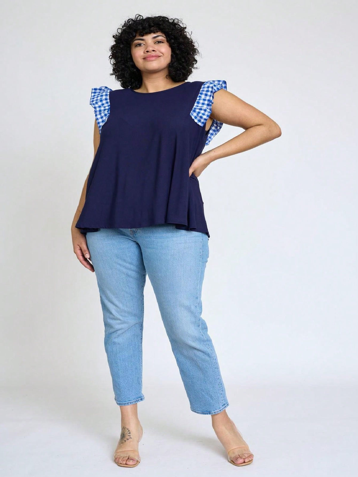 Contrast Ruffle Trim Floral  Flutter Cap Sleeve Top For Leggings Shorts And Jeans  | 7 Colors | S-3X