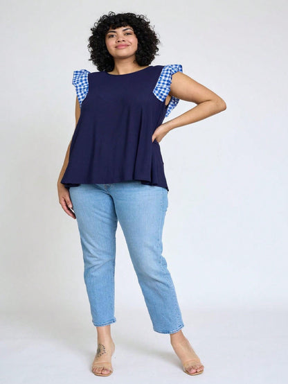 Contrast Ruffle Trim Floral  Flutter Cap Sleeve Top For Leggings Shorts And Jeans  | 7 Colors | S-3X