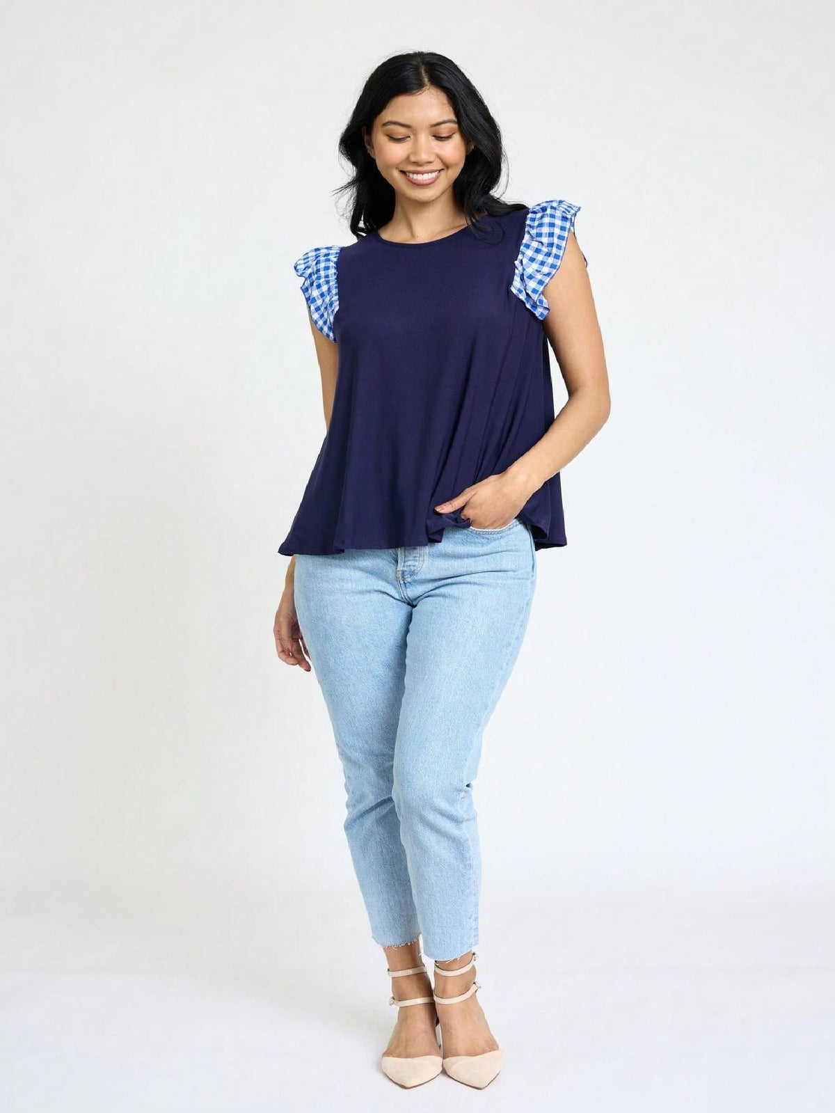 Contrast Ruffle Trim Floral  Flutter Cap Sleeve Top For Leggings Shorts And Jeans  | 7 Colors | S-3X