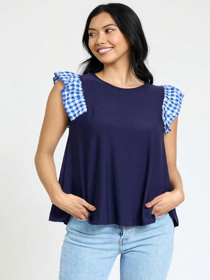 Contrast Ruffle Trim Floral  Flutter Cap Sleeve Top For Leggings Shorts And Jeans  | 7 Colors | S-3X