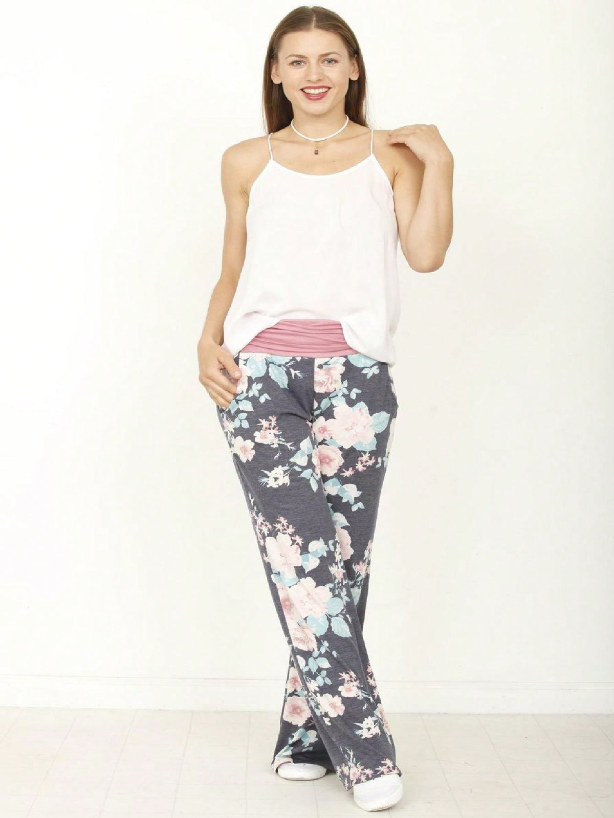 Floral Drawstring Fold Over Band Wide Leg Lounge Pants